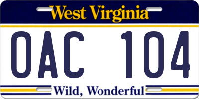 WV license plate OAC104
