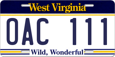 WV license plate OAC111