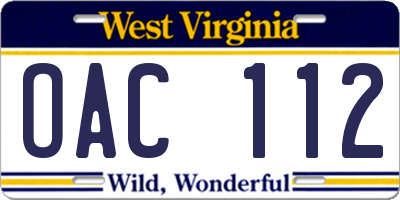WV license plate OAC112