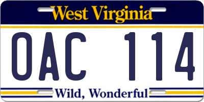 WV license plate OAC114