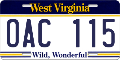 WV license plate OAC115