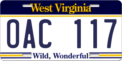 WV license plate OAC117