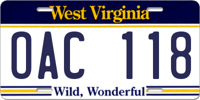 WV license plate OAC118