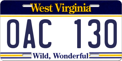 WV license plate OAC130