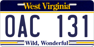 WV license plate OAC131