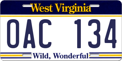 WV license plate OAC134