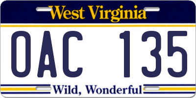 WV license plate OAC135