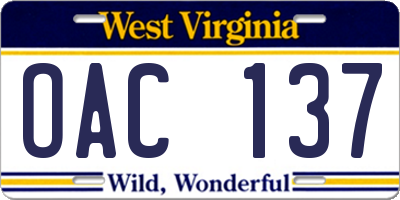 WV license plate OAC137
