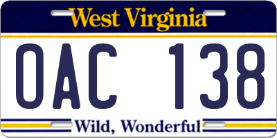 WV license plate OAC138