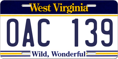 WV license plate OAC139