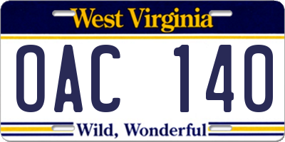 WV license plate OAC140