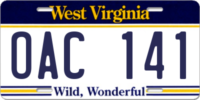 WV license plate OAC141