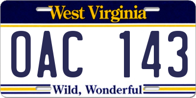 WV license plate OAC143
