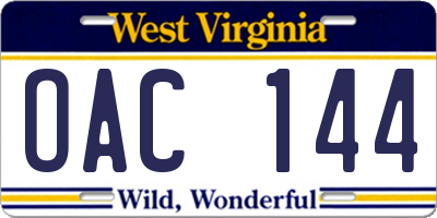 WV license plate OAC144