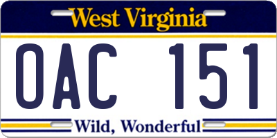 WV license plate OAC151