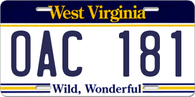 WV license plate OAC181