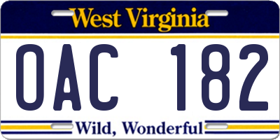 WV license plate OAC182