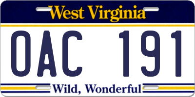 WV license plate OAC191