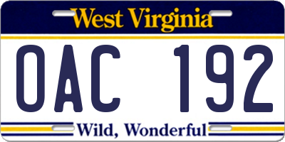 WV license plate OAC192