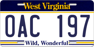 WV license plate OAC197