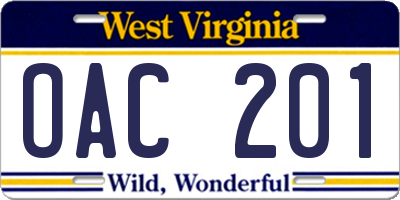 WV license plate OAC201