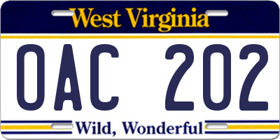 WV license plate OAC202