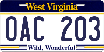 WV license plate OAC203