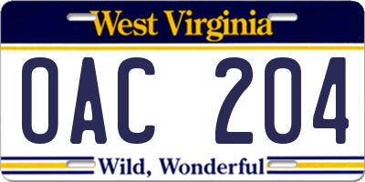 WV license plate OAC204