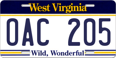 WV license plate OAC205
