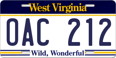 WV license plate OAC212