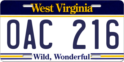 WV license plate OAC216