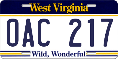 WV license plate OAC217