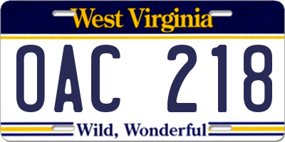 WV license plate OAC218