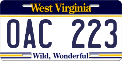 WV license plate OAC223