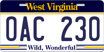 WV license plate OAC230