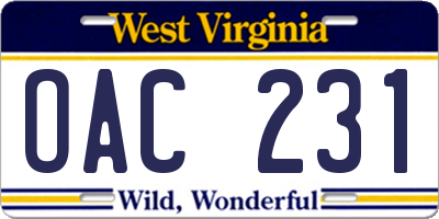 WV license plate OAC231