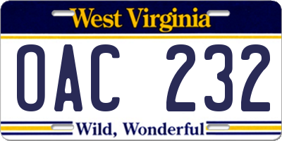 WV license plate OAC232