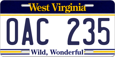 WV license plate OAC235