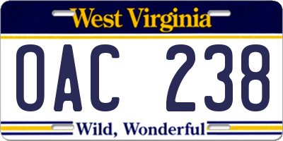 WV license plate OAC238