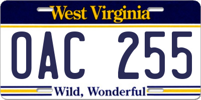 WV license plate OAC255
