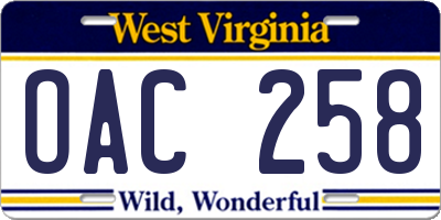 WV license plate OAC258