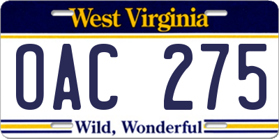 WV license plate OAC275
