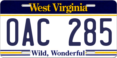 WV license plate OAC285