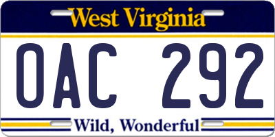 WV license plate OAC292