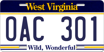 WV license plate OAC301