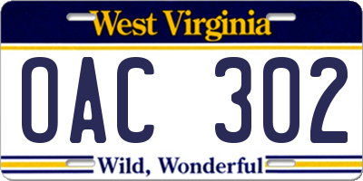 WV license plate OAC302