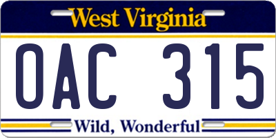 WV license plate OAC315