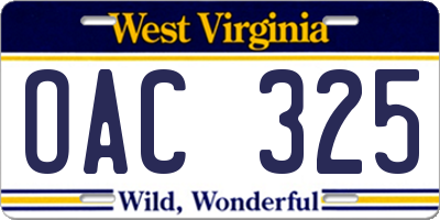 WV license plate OAC325