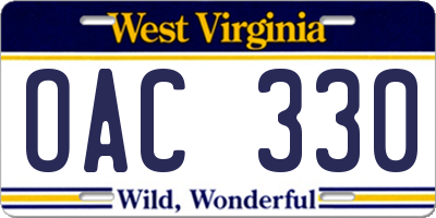 WV license plate OAC330