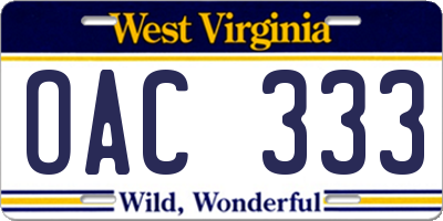 WV license plate OAC333
